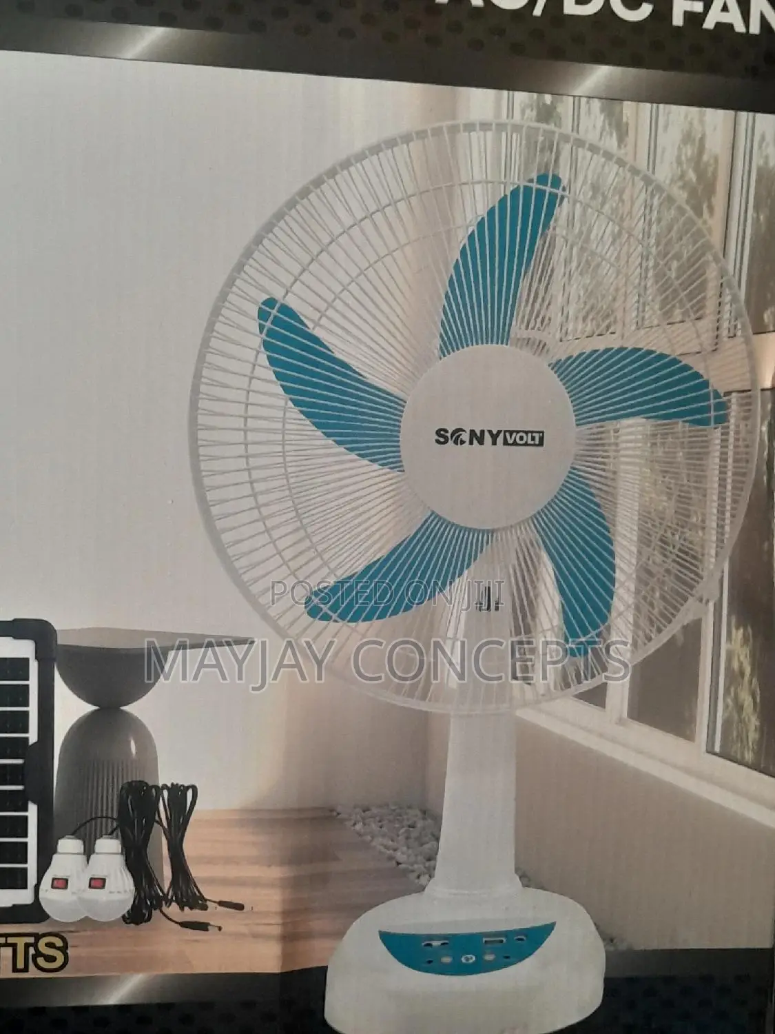 14" Sonyvolt 3in1 Table Solar Rechargeable Fan+Panel,2bulbs