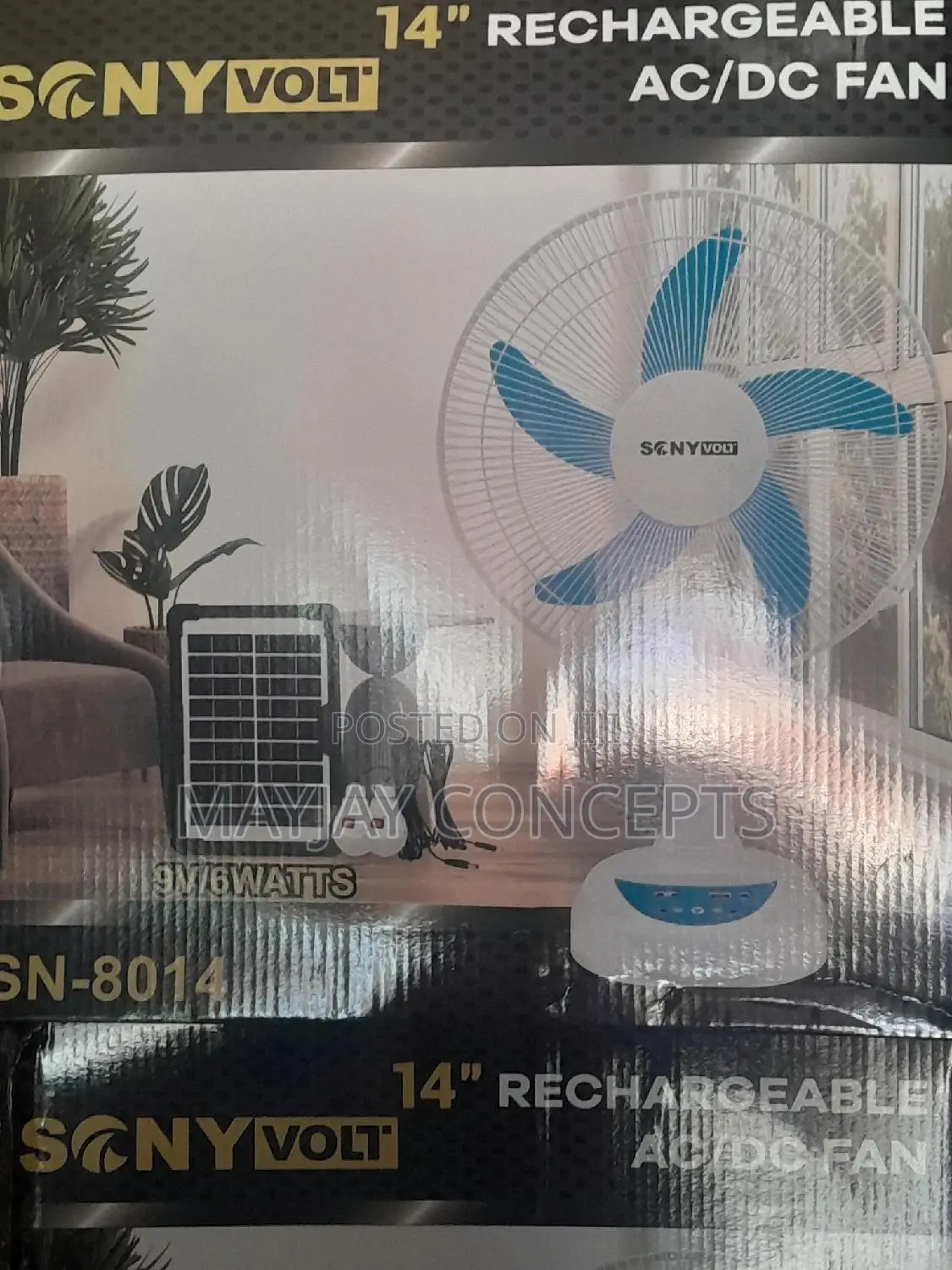 14" Sonyvolt 3in1 Table Solar Rechargeable Fan+Panel,2bulbs