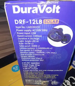 12" Duravolt 3in1 Table/Wall Solar Rechargeable Fan+Panel