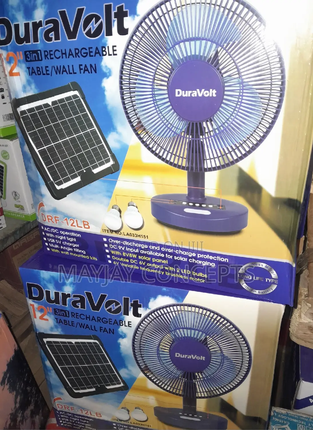 12" Duravolt 3in1 Table/Wall Solar Rechargeable Fan+Panel