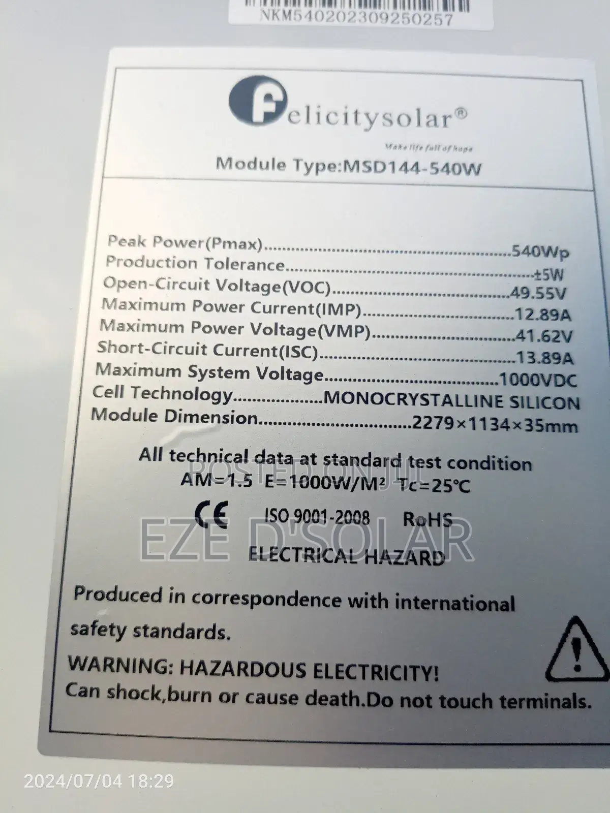Felicity Solar Panel 540w