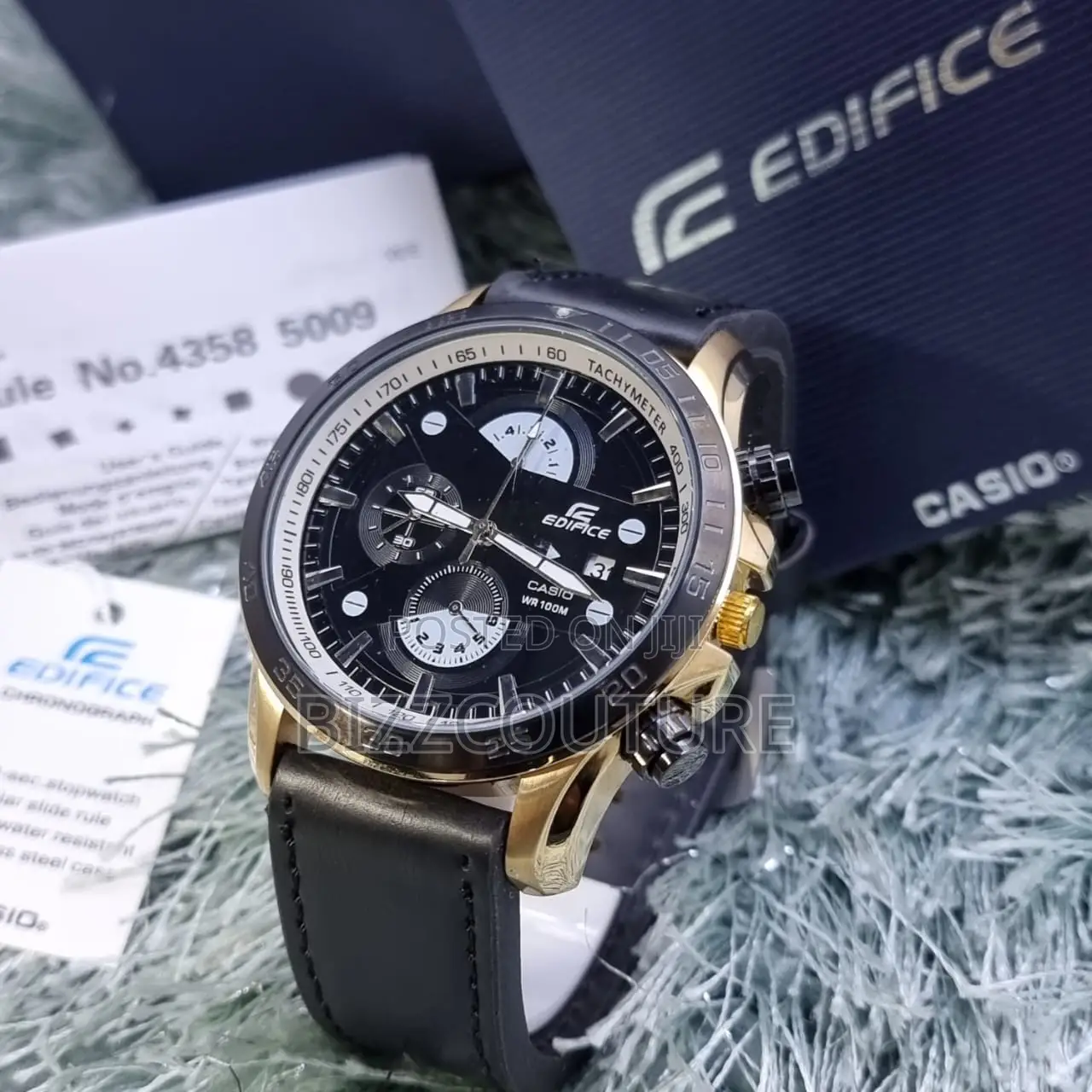 Original CASIO Edifice Wr100 Chronograph Black Leather Watch