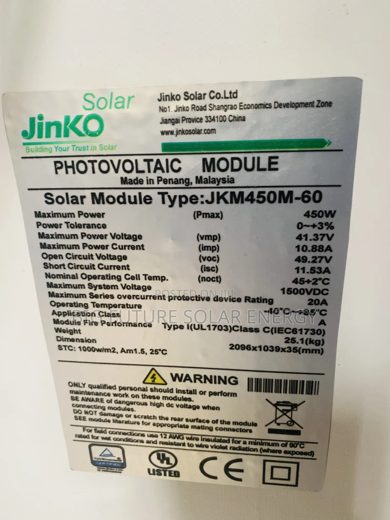 450w Jinko Solar Panel 60c