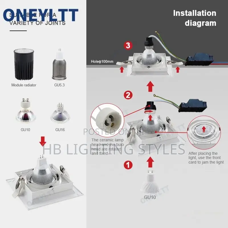 Square Ceiling Recessed Adjustable GU10 Bulb Socket