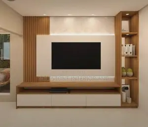 King Size Tv Panel With Console Shelves Styled With Light