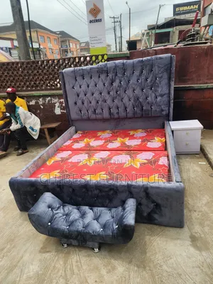Grey 6by6 Upholstery Bed Frame With Footrest and Bed Side
