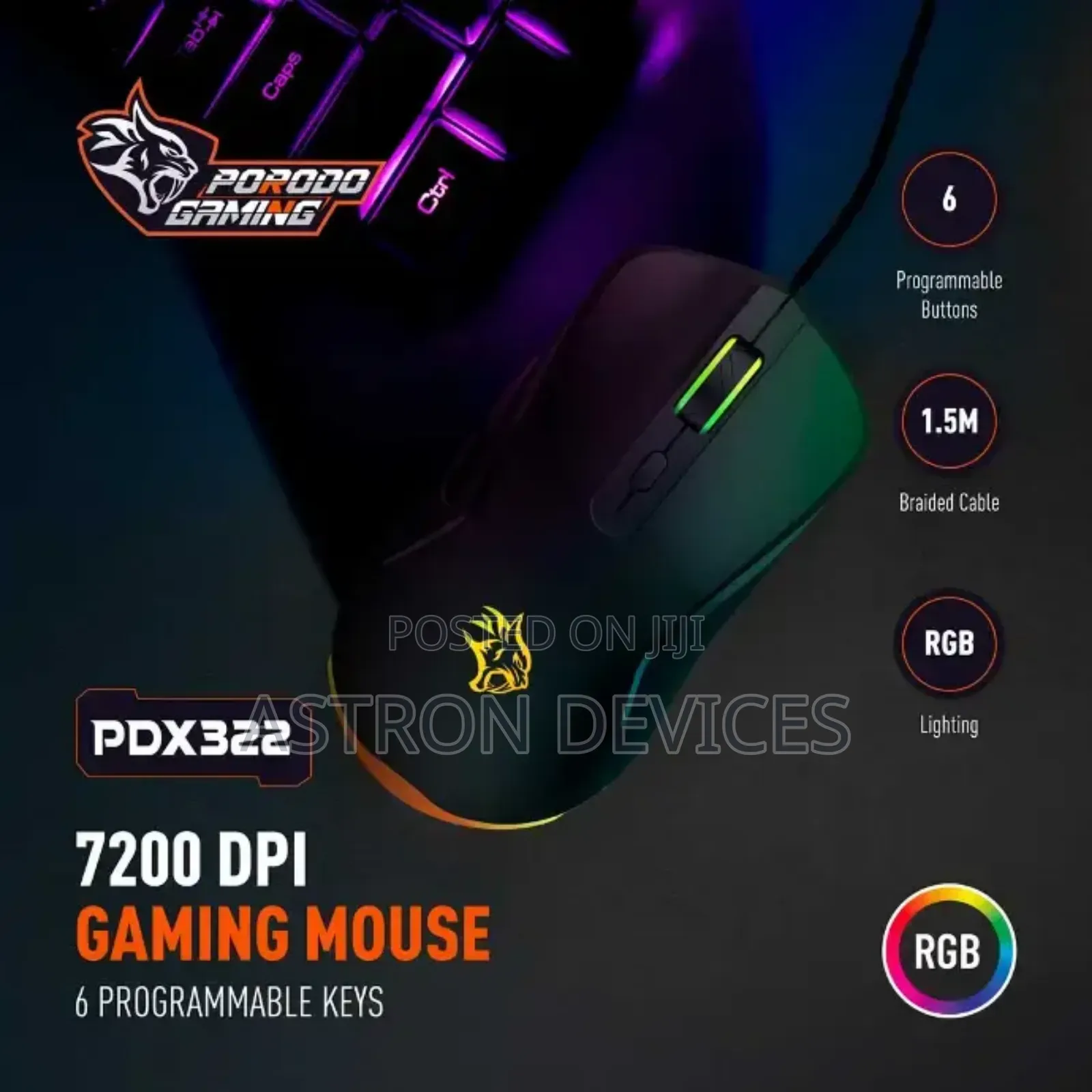 Porodo Gaming Wired Mouse DPI 7200 With RGB Light