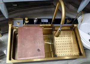 Gold Kitchen Sink With Mixer and Led Light, Basket,Waste