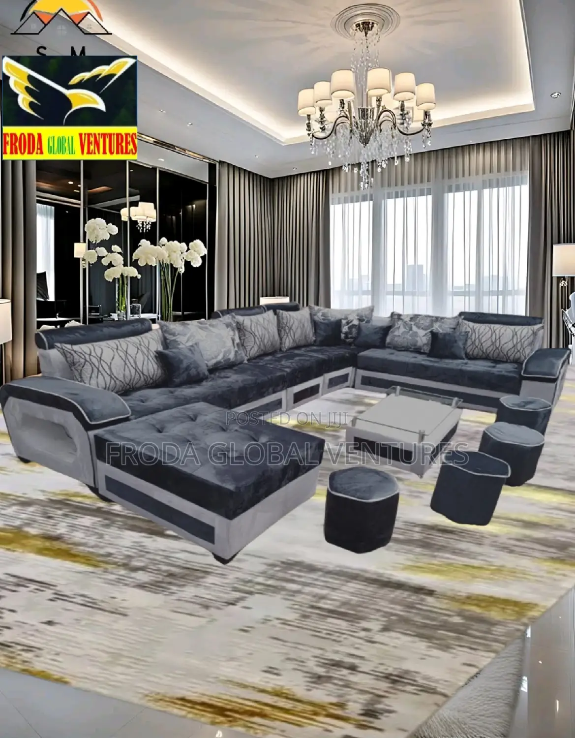 Set of 9 Seaters U-Shape Sofa With Table and Side Stools.