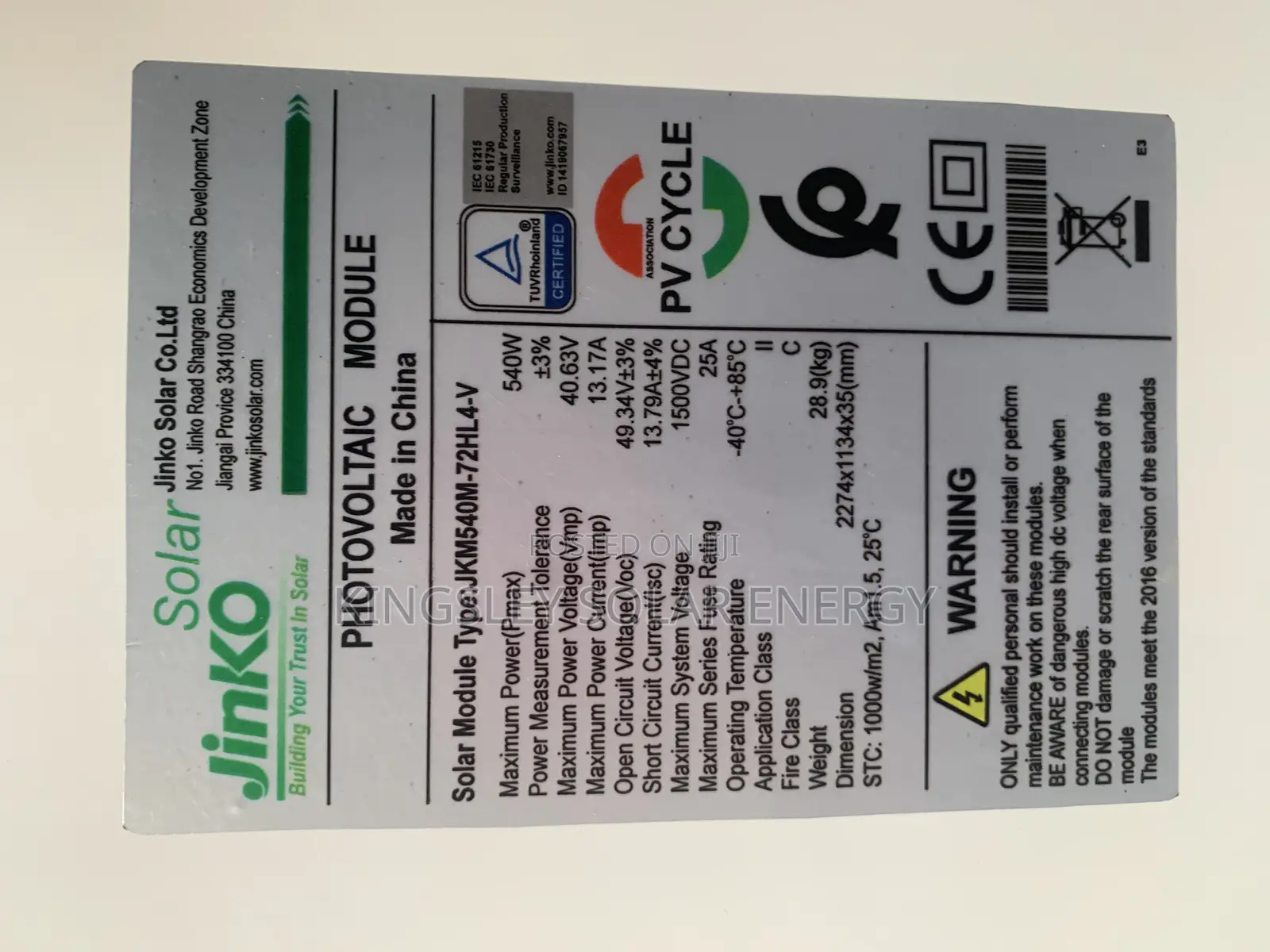 Jinko Solar Panel (Halfcut) Mono 540watts