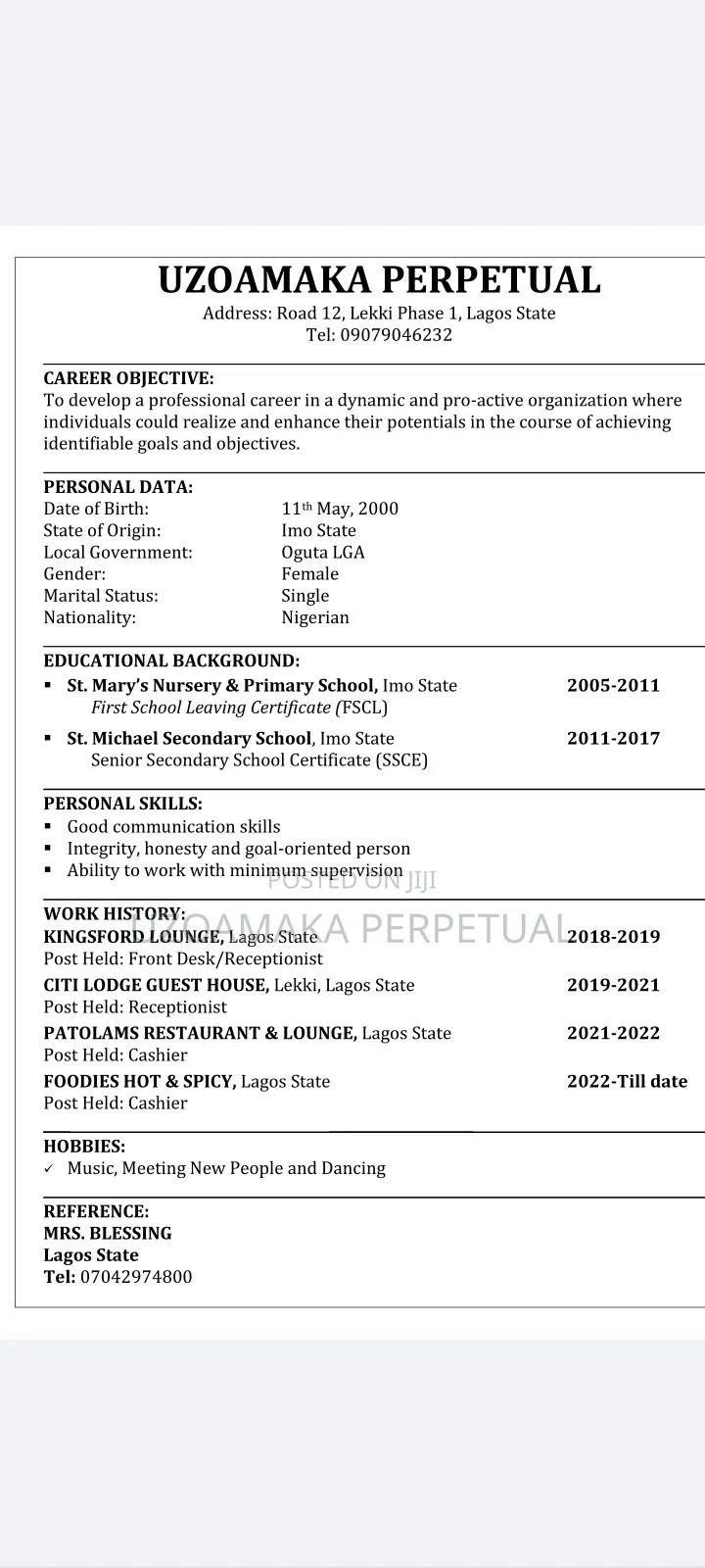 Waitress/ Receptionalist