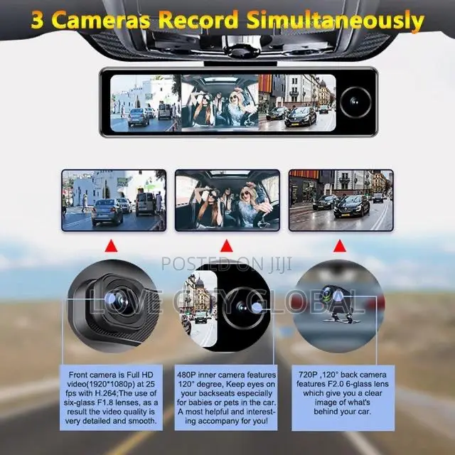 4G 3CH Dash Cam Android Auto, Mirror Video Loop Record ADAS