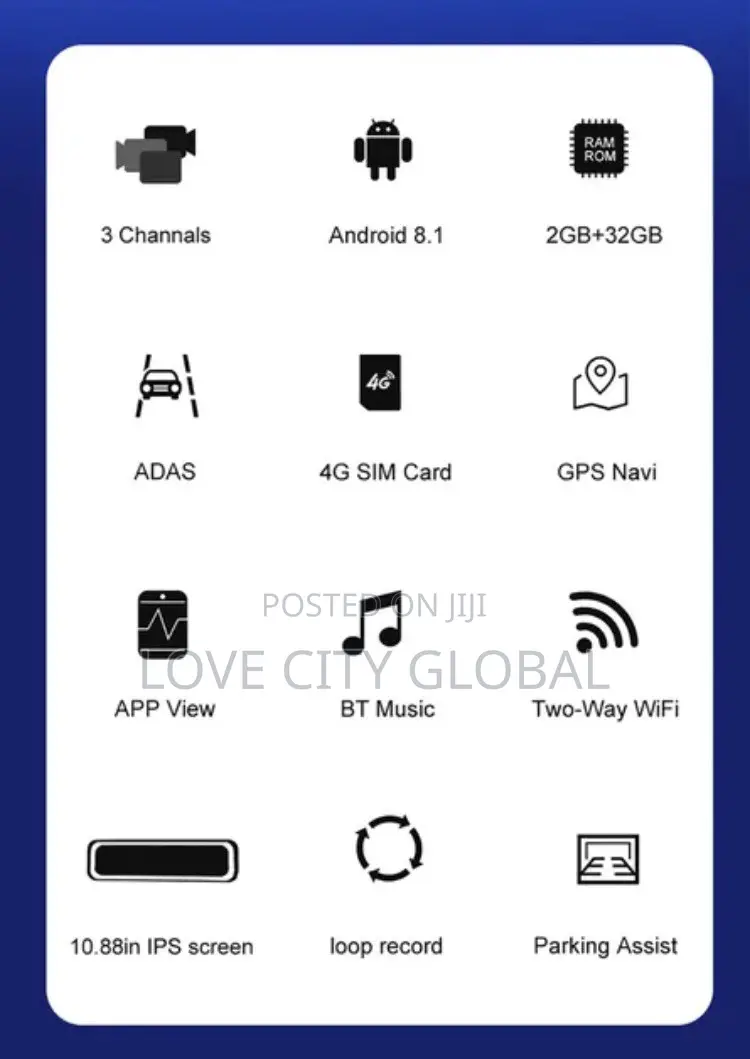 4G 3CH Dash Cam Android Auto, Mirror Video Loop Record ADAS