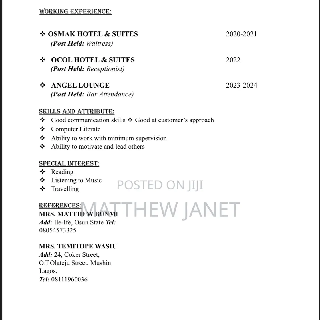 Factory CV With Attractive Pay