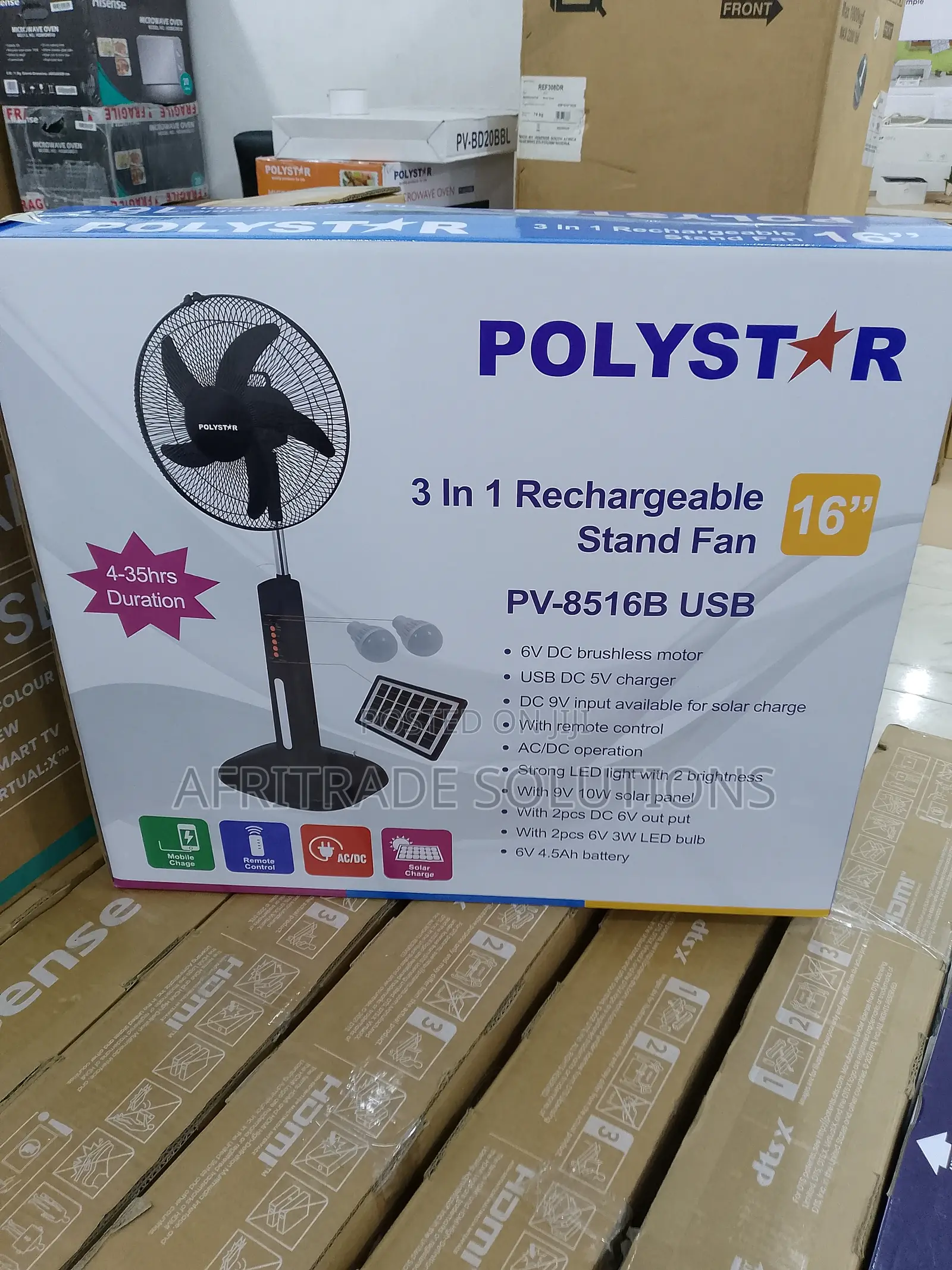 Polystar 16" Rechargeable Fan- Five Speed Blade +Solar Panel