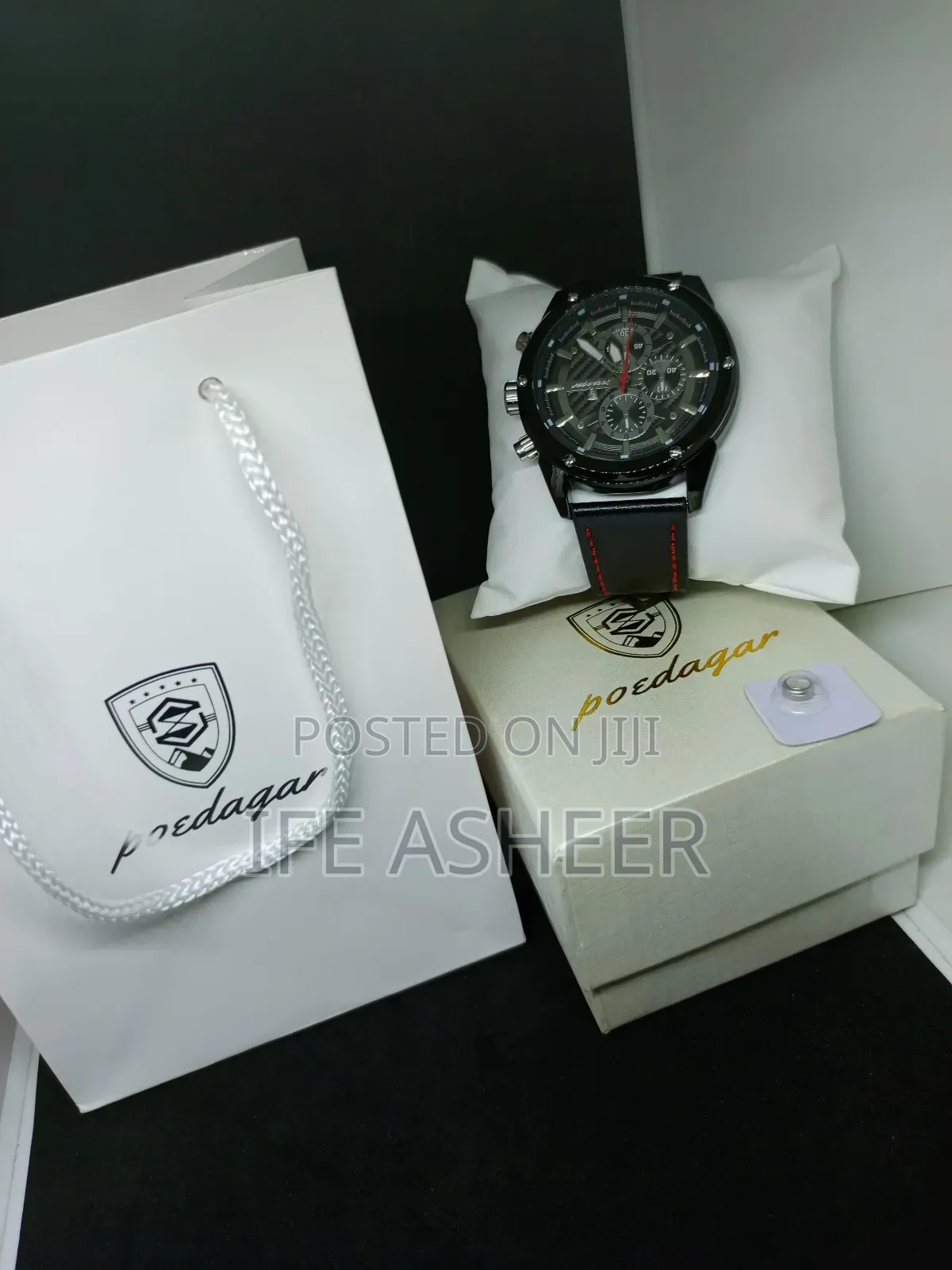 Poedagar Men's Chronograph Black Leather Watch in a Pack