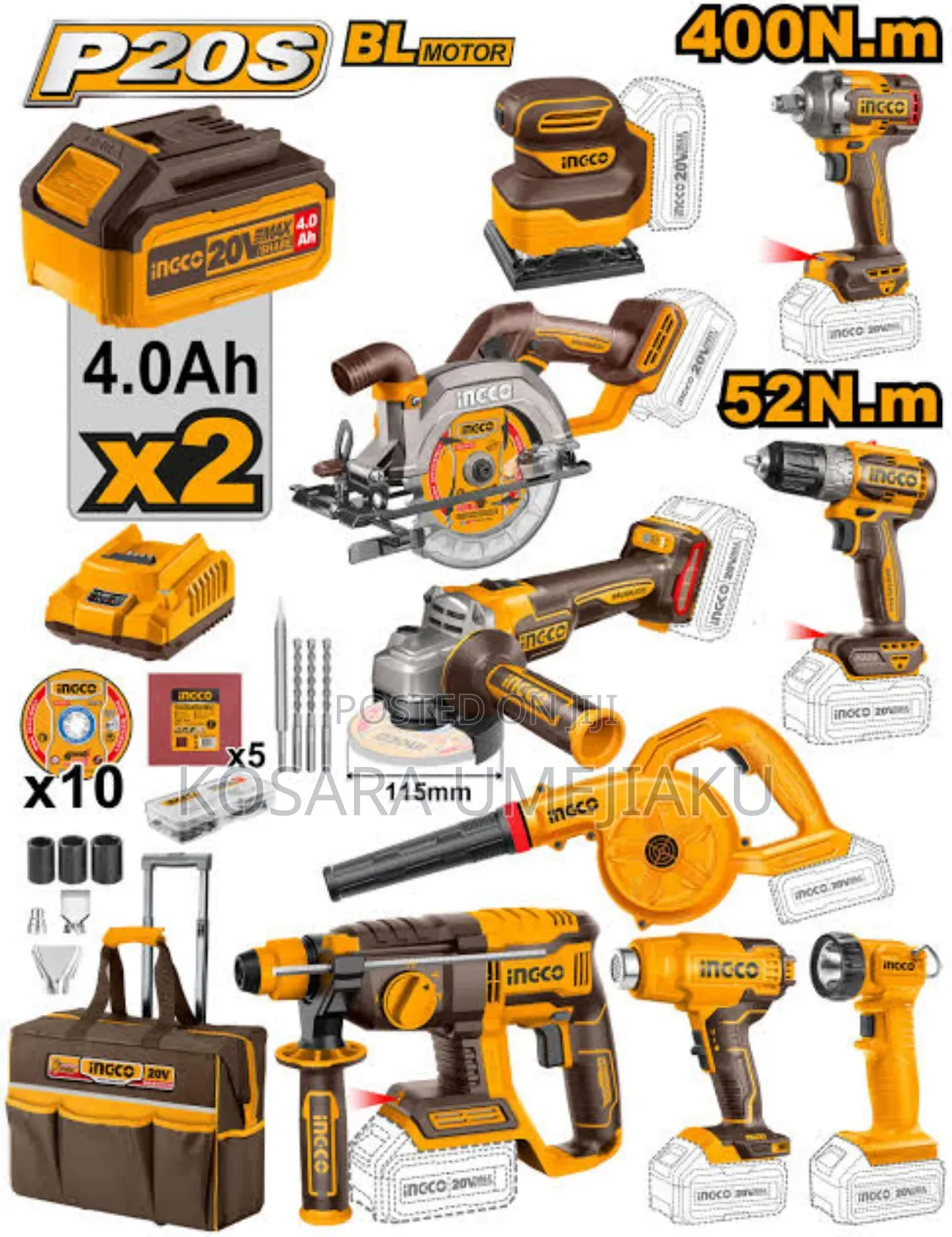 9 in 1 Ingco Industrial Cordless Combo Set 20v