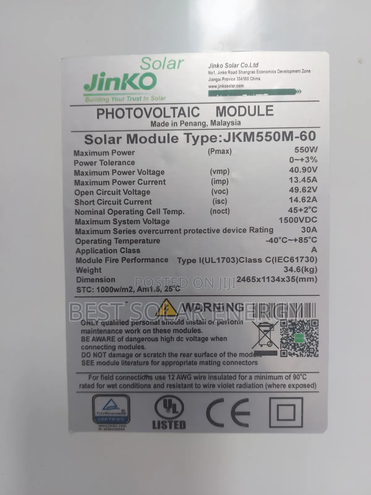 Jinko 550w Solar Panel 120cell Half Cut