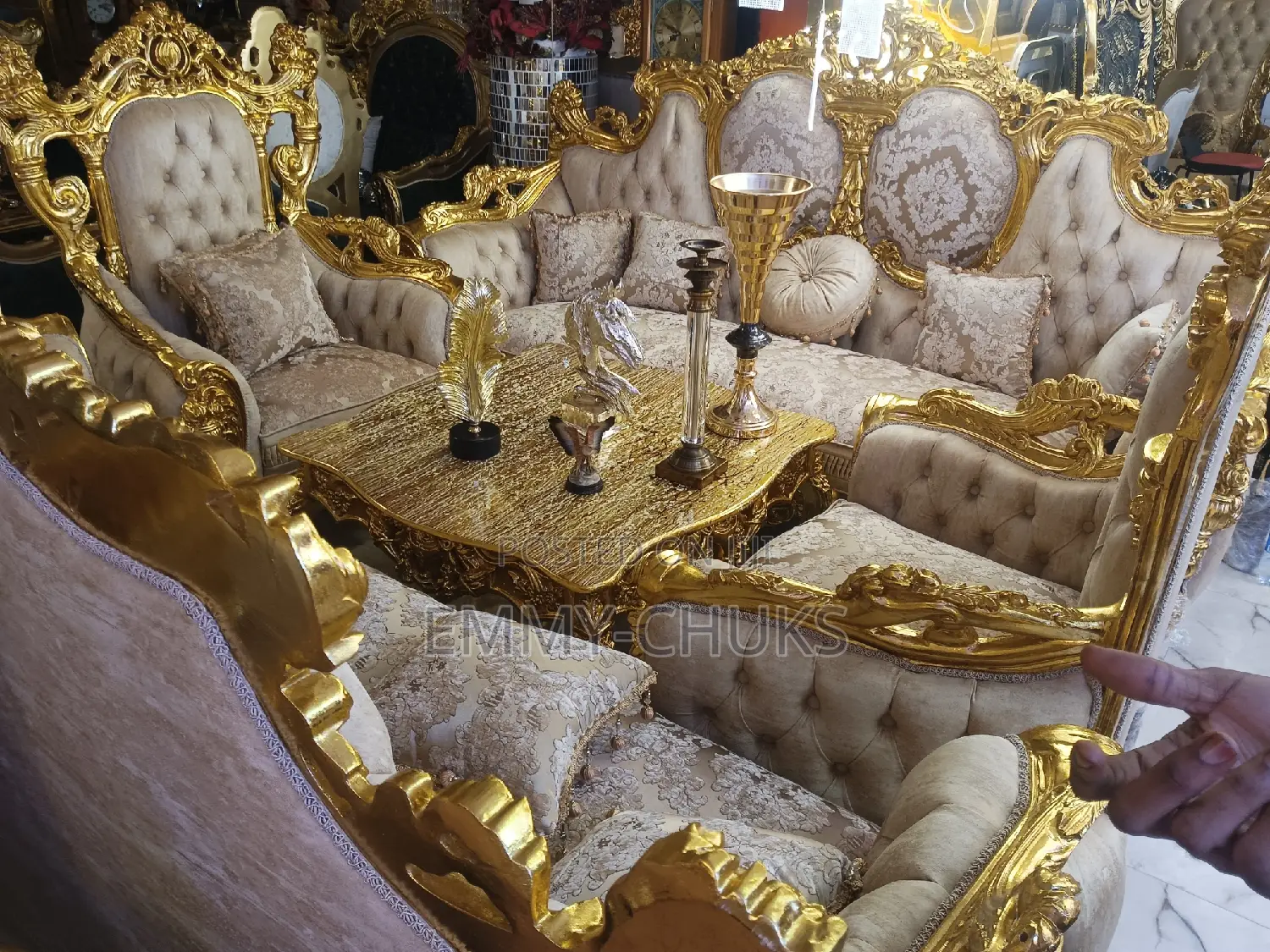 Gold Turkey Sofa's With Center Table and Side Stool