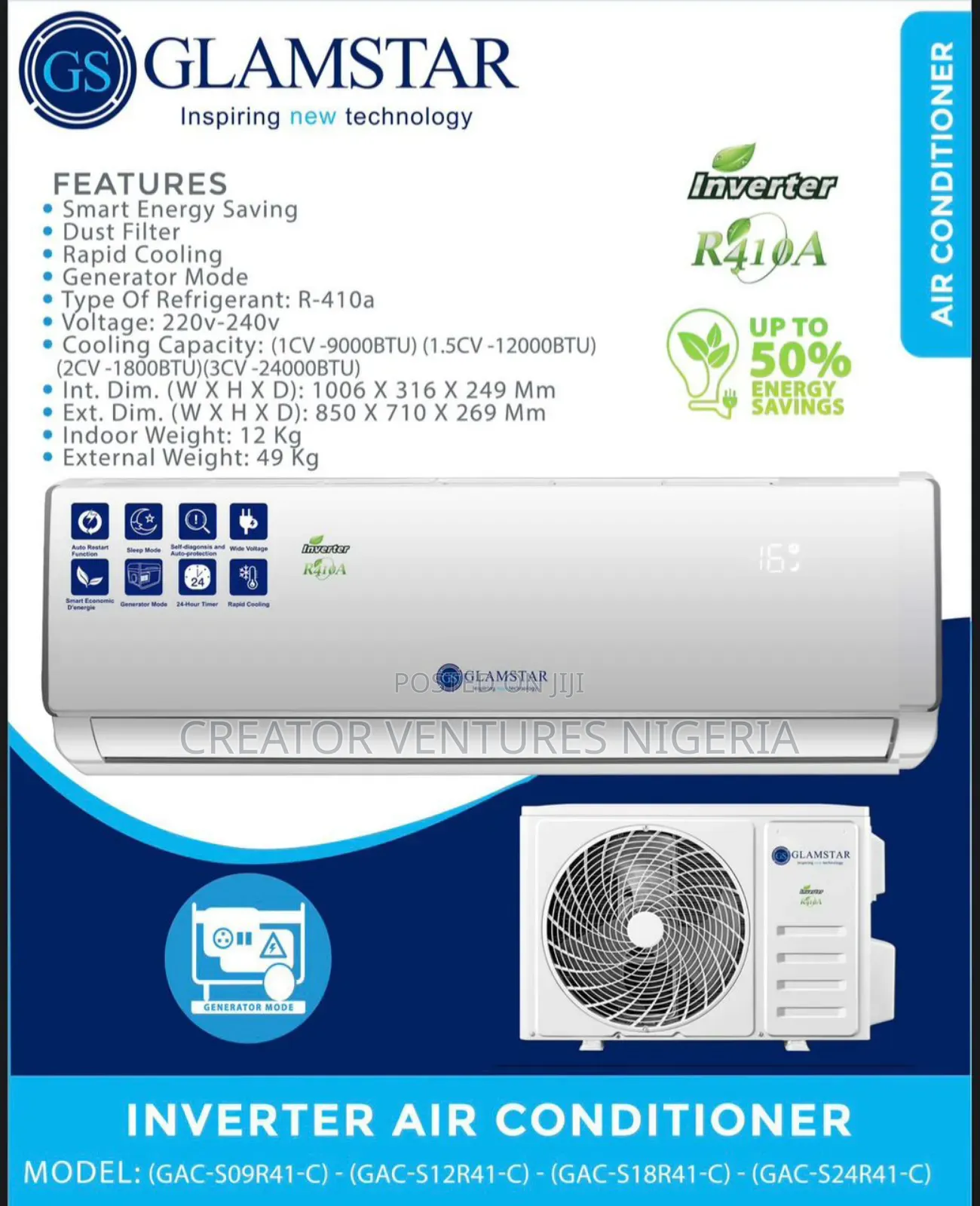 GLAMASTER AIR CONDITIONER,1hp Split Unit Inverter,Full Coper