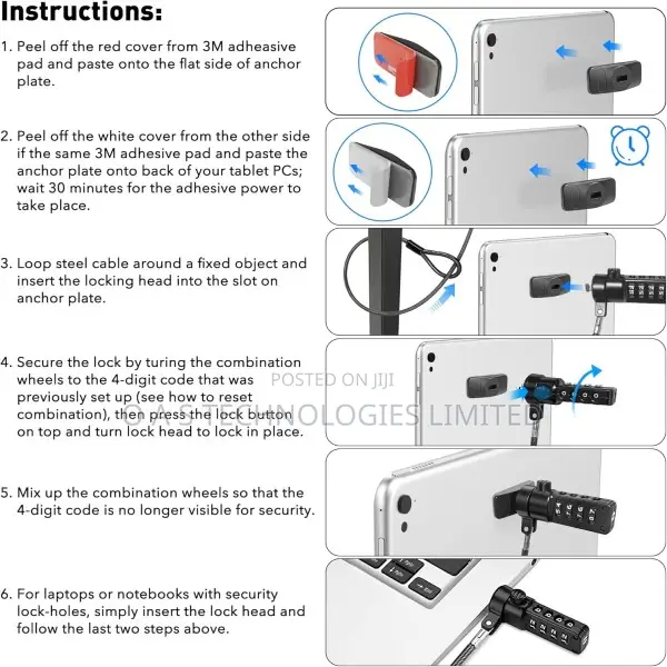Abovetek iPad Lock Security Cable W/Adhesive Plates, 6ft Key