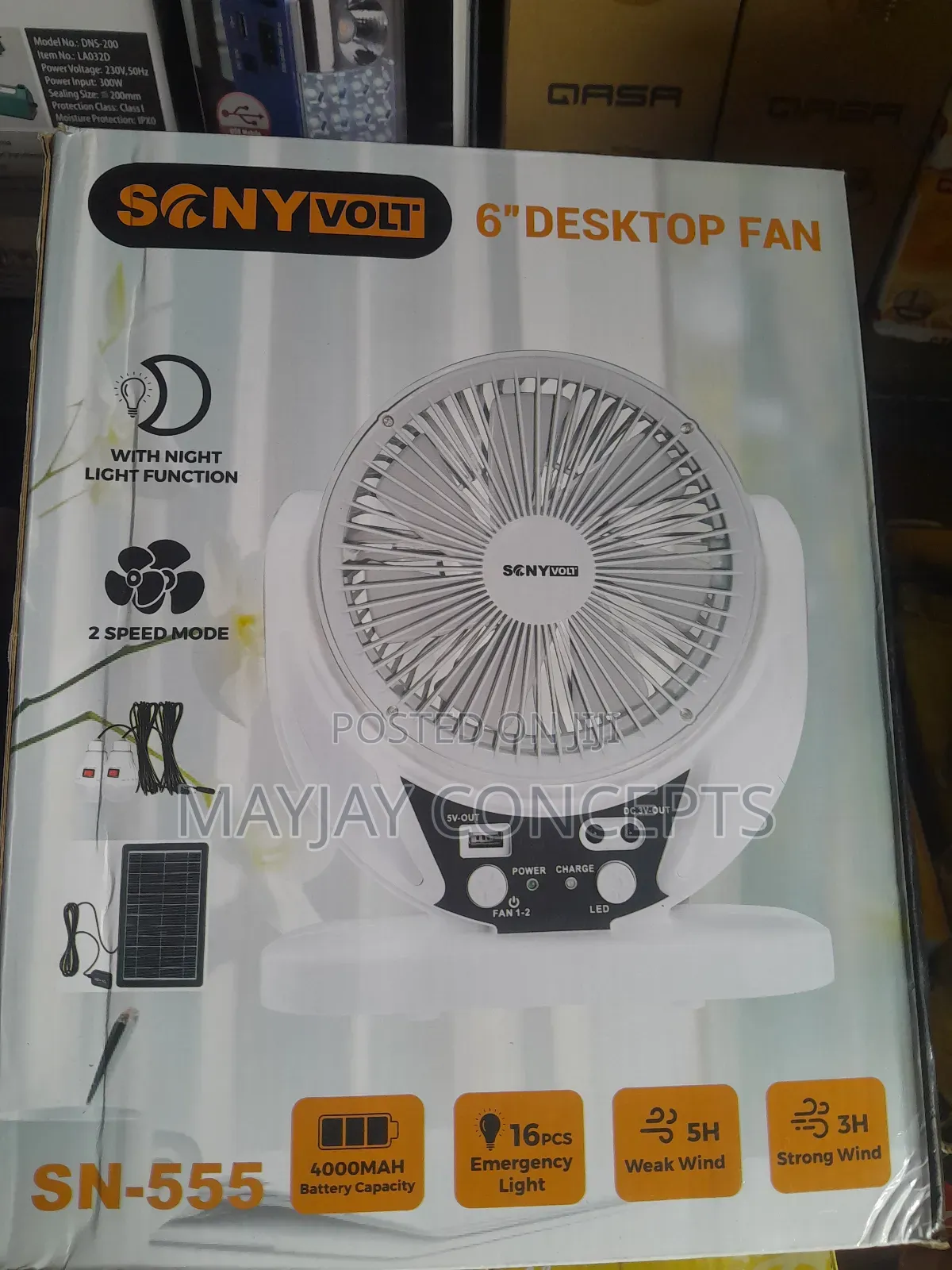 6" 3-in-1 Sonyvolt Solar Rechargeable Table Fan+Panel+2-Bulb