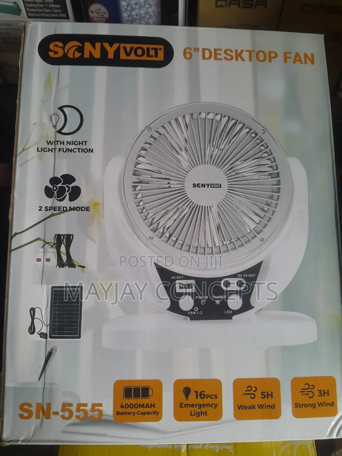 6" 3-in-1 Sonyvolt Solar Rechargeable Table Fan+Panel+2-Bulb