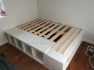 Wooden Board Bed Frame Seater With Side Side Shelves