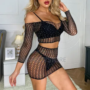 Sexy Rhinestone Lingerie Set With Hollow Skirt