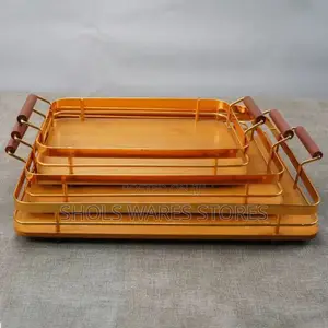 Metal Handle Bamboo Wooden Luxury Gold Tray 