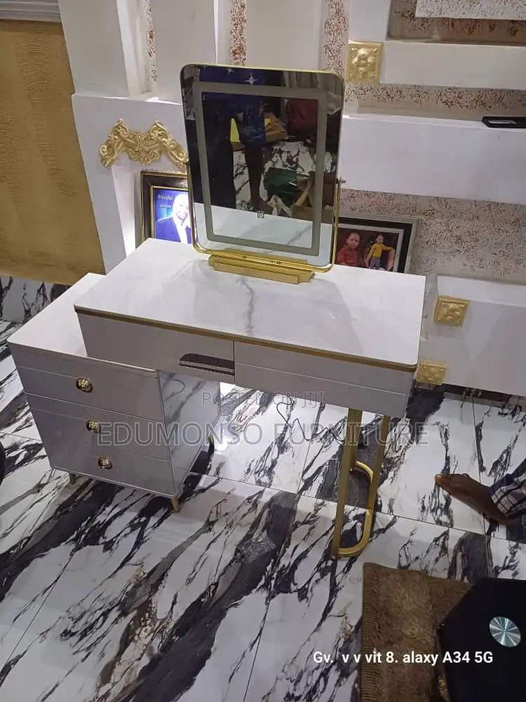 Dressing Table With Mirror and Tufted Stool