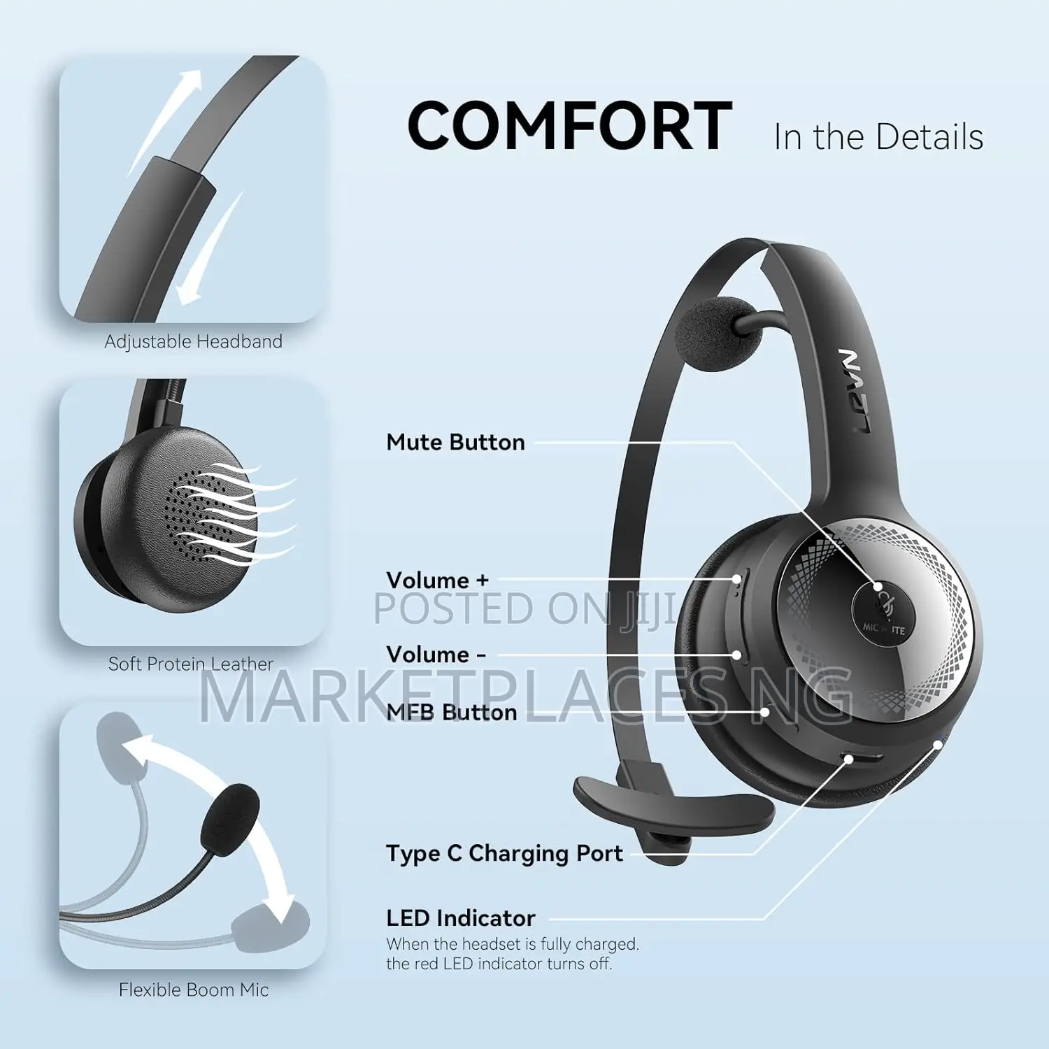 LEVN Bluetooth 5.0 Wireless Headset, AI Noise Cancelling