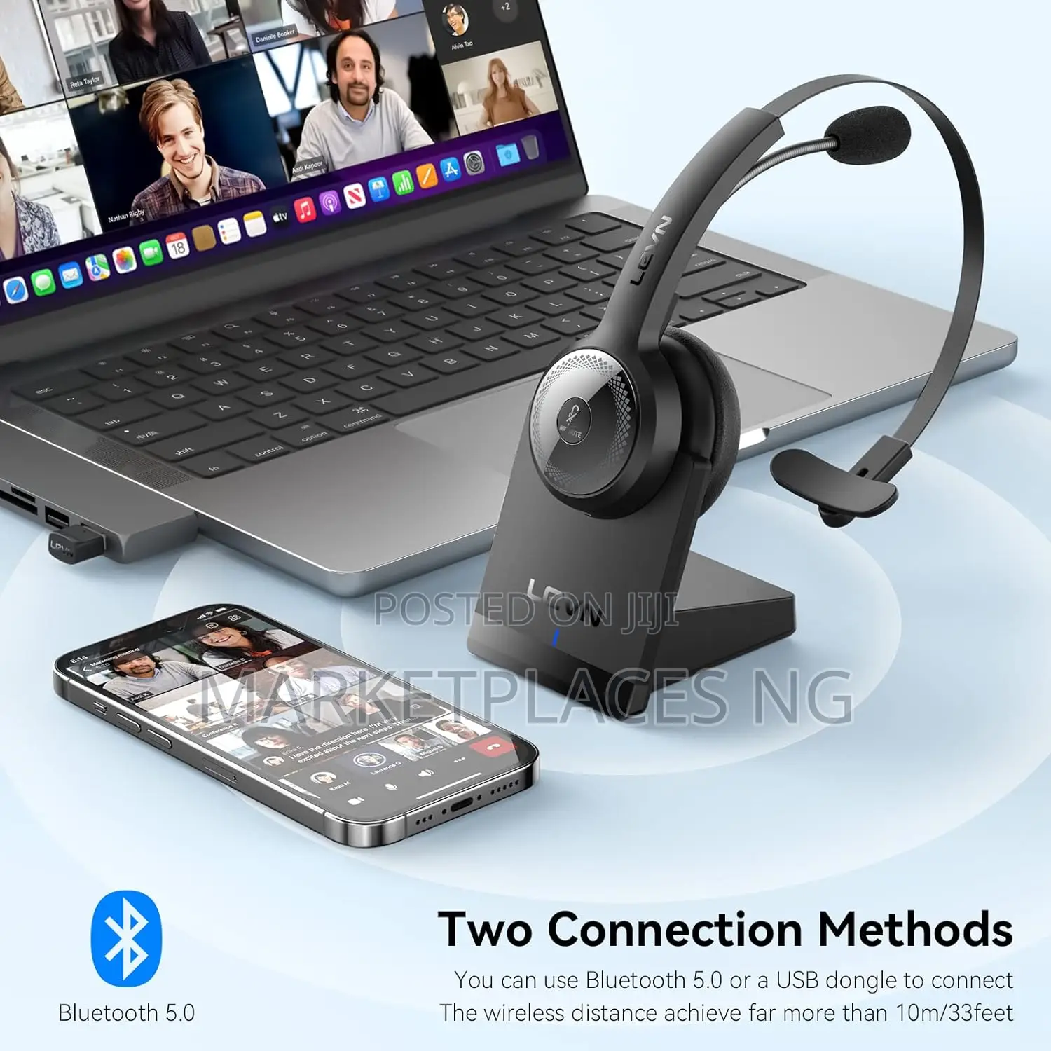 LEVN Bluetooth 5.0 Wireless Headset, AI Noise Cancelling
