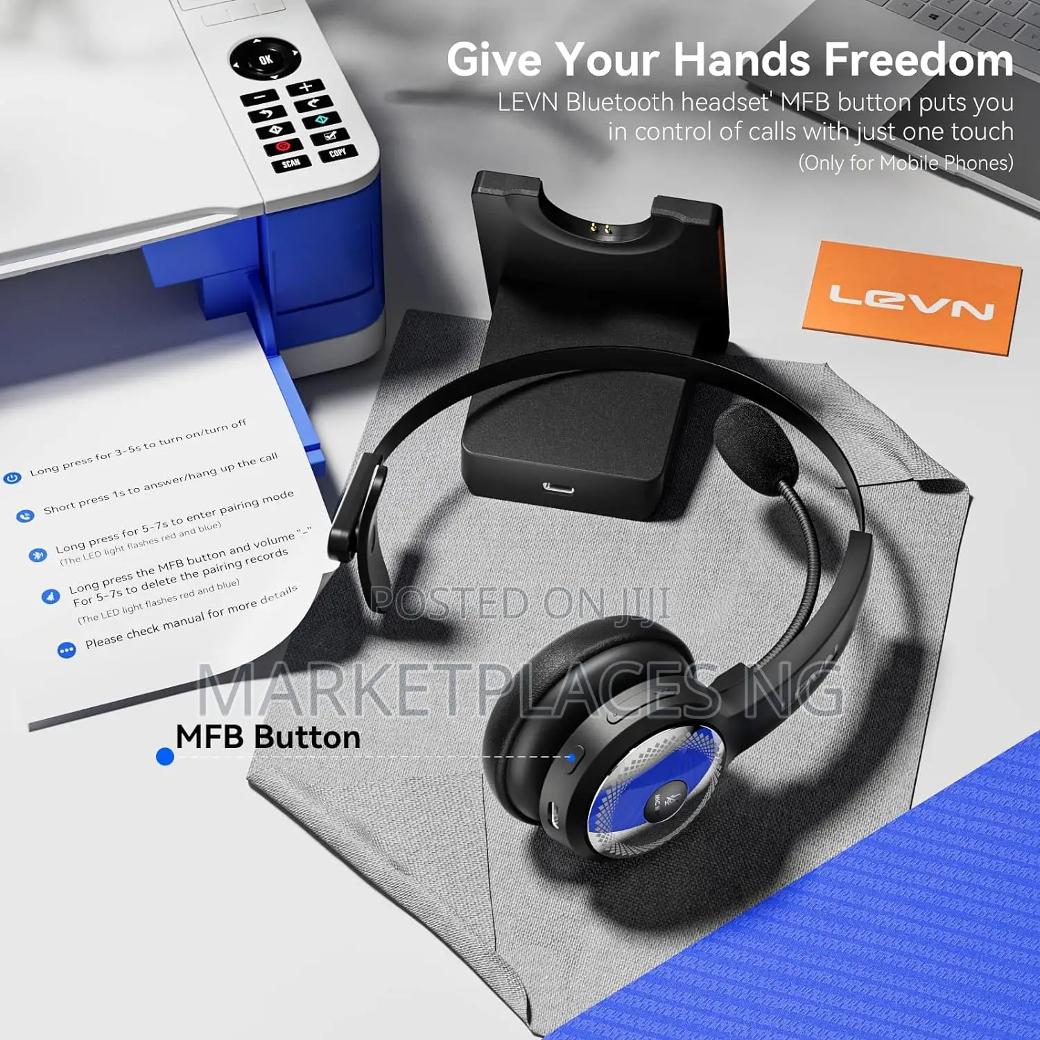 LEVN Bluetooth 5.0 Wireless Headset, AI Noise Cancelling