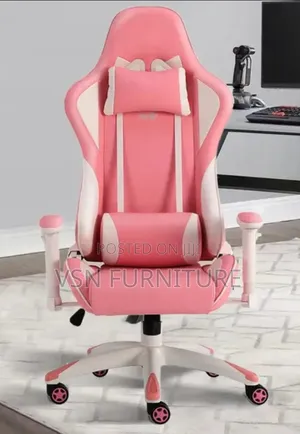 Pink Gaming Chair With Headrest and Footrest
