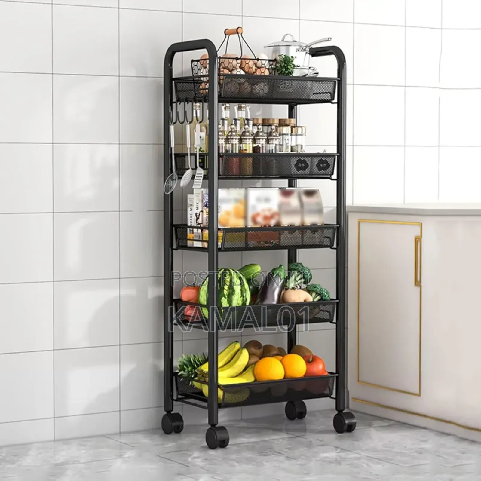 5 Layers Kitchen Storage Rolling Cart Wire Basket Shelf