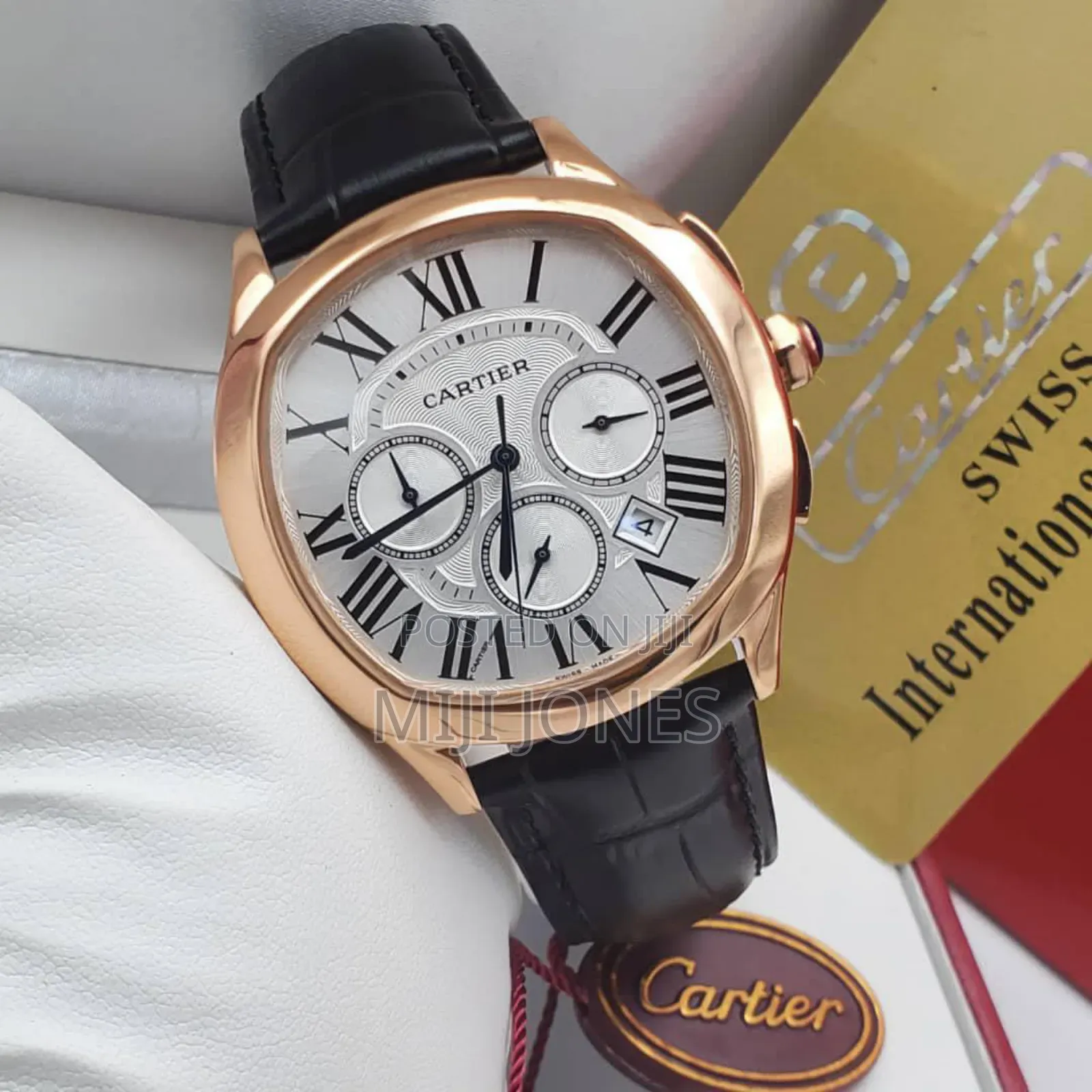 "Cartier Inspired Chronograph Watch - Black Leather Strap"