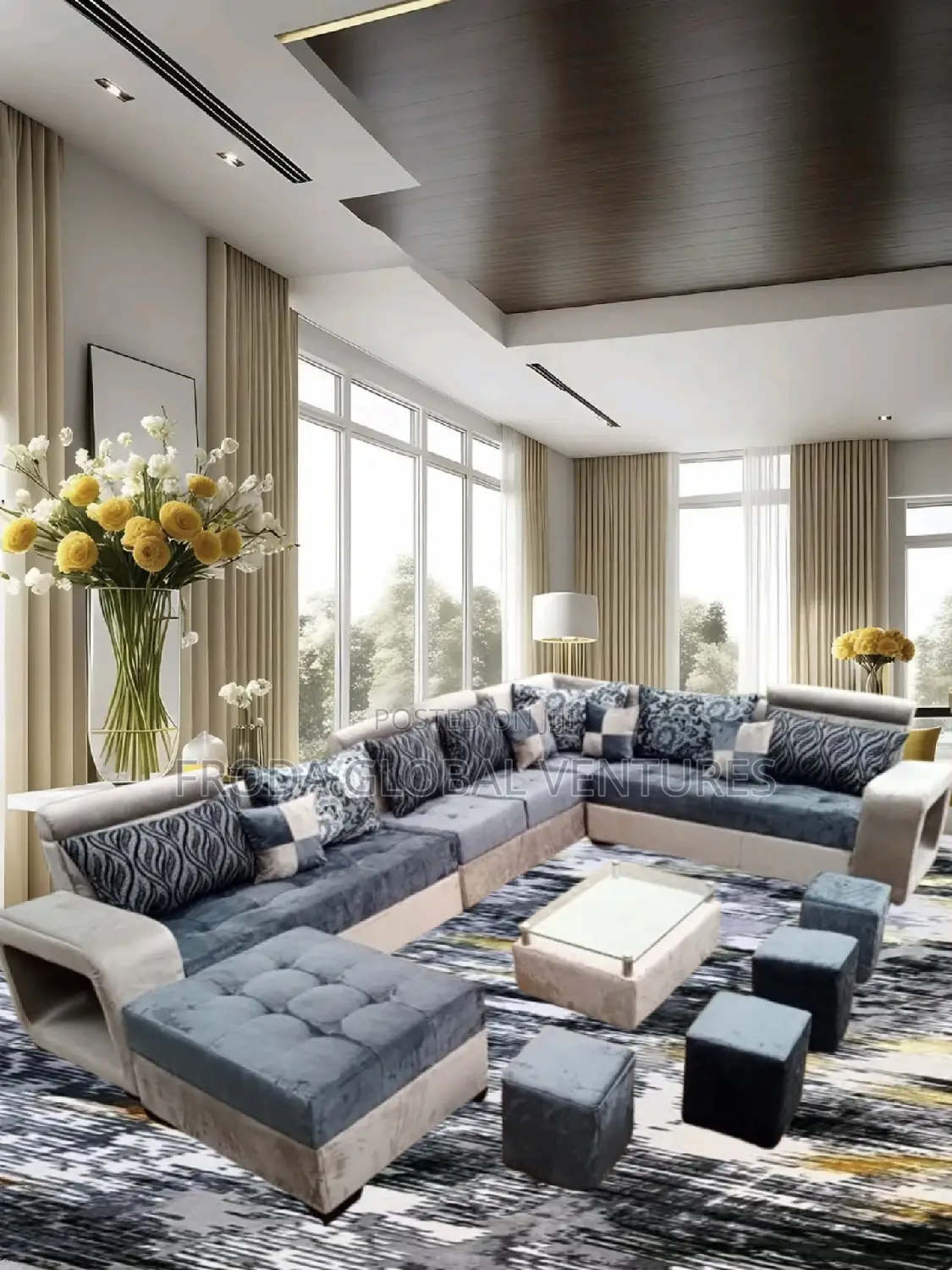 Set of U-Shape Sofa With Table and Side Stools.