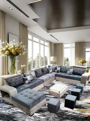 Set of U-Shape Sofa With Table and Side Stools.