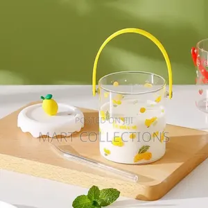 Fancy Glass Cup With Lid and Straw