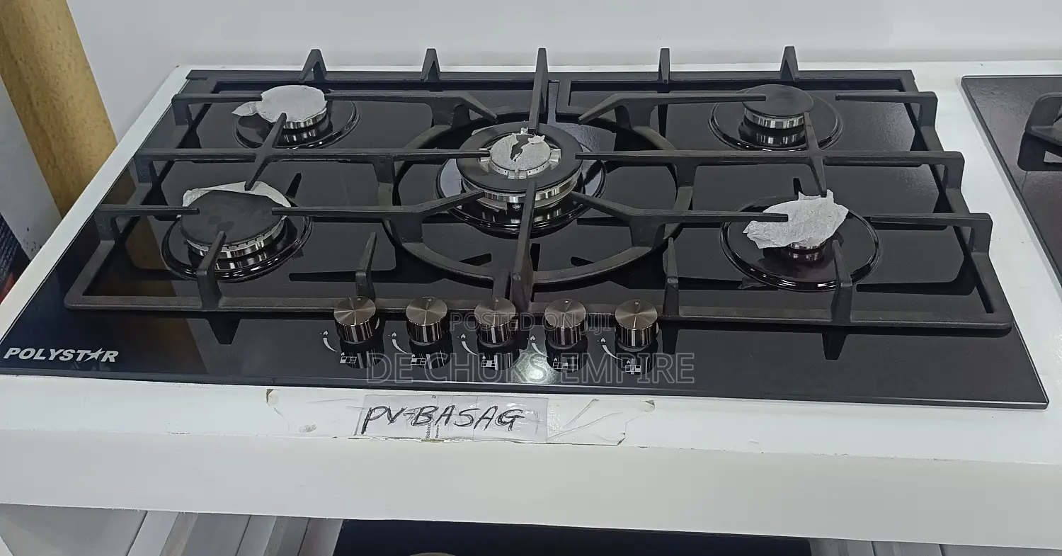 Polystar 90CM 5burner Gas Hob With Auto Ignition-Black Glass