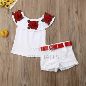 White Girl's Flower 3 in 1 Top, Belt and Shorts Set