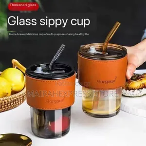 350ml Leather Grip Thickened Glass Cup With Glass Straw
