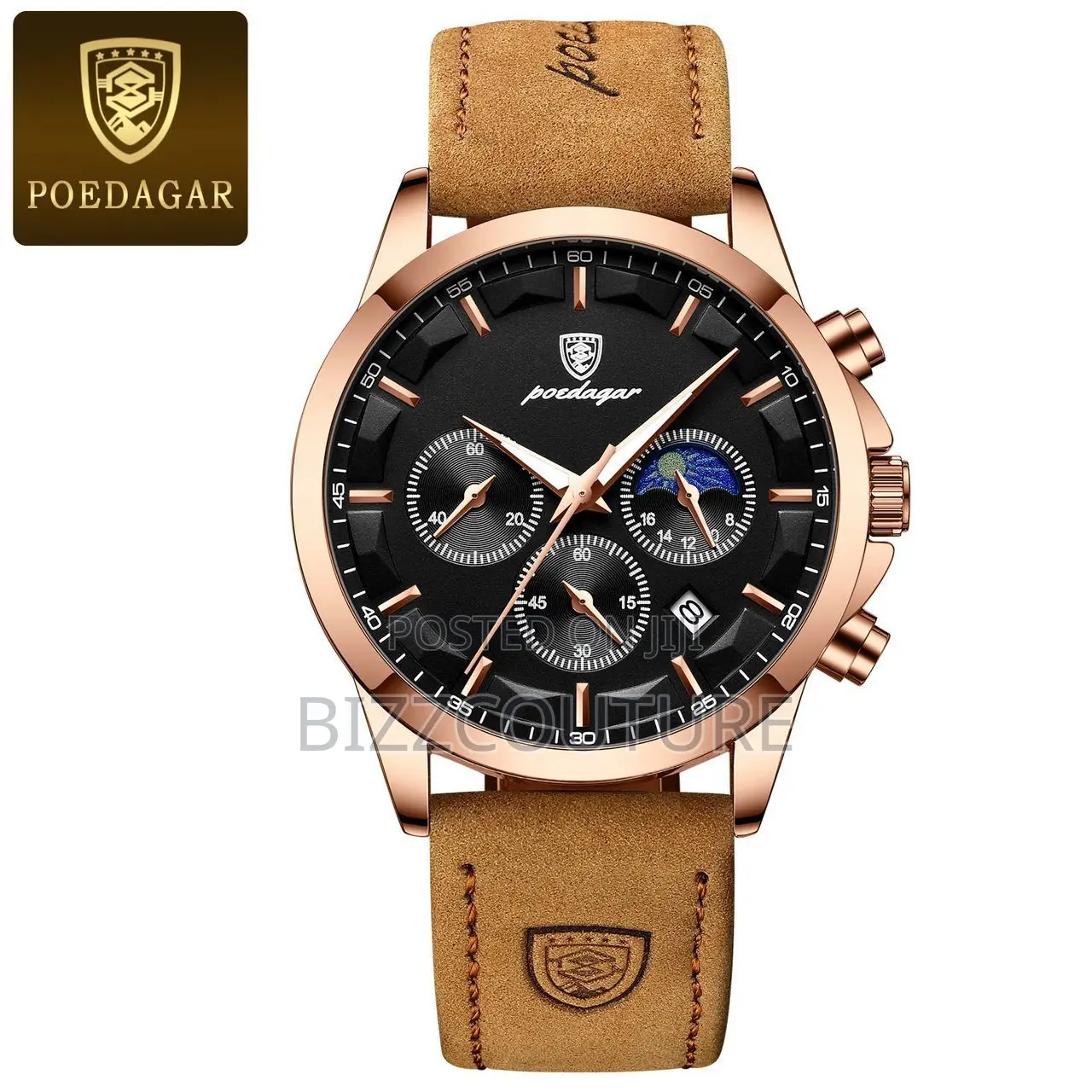 Original Poedagar Chronograph Brown Leather Strap Watch