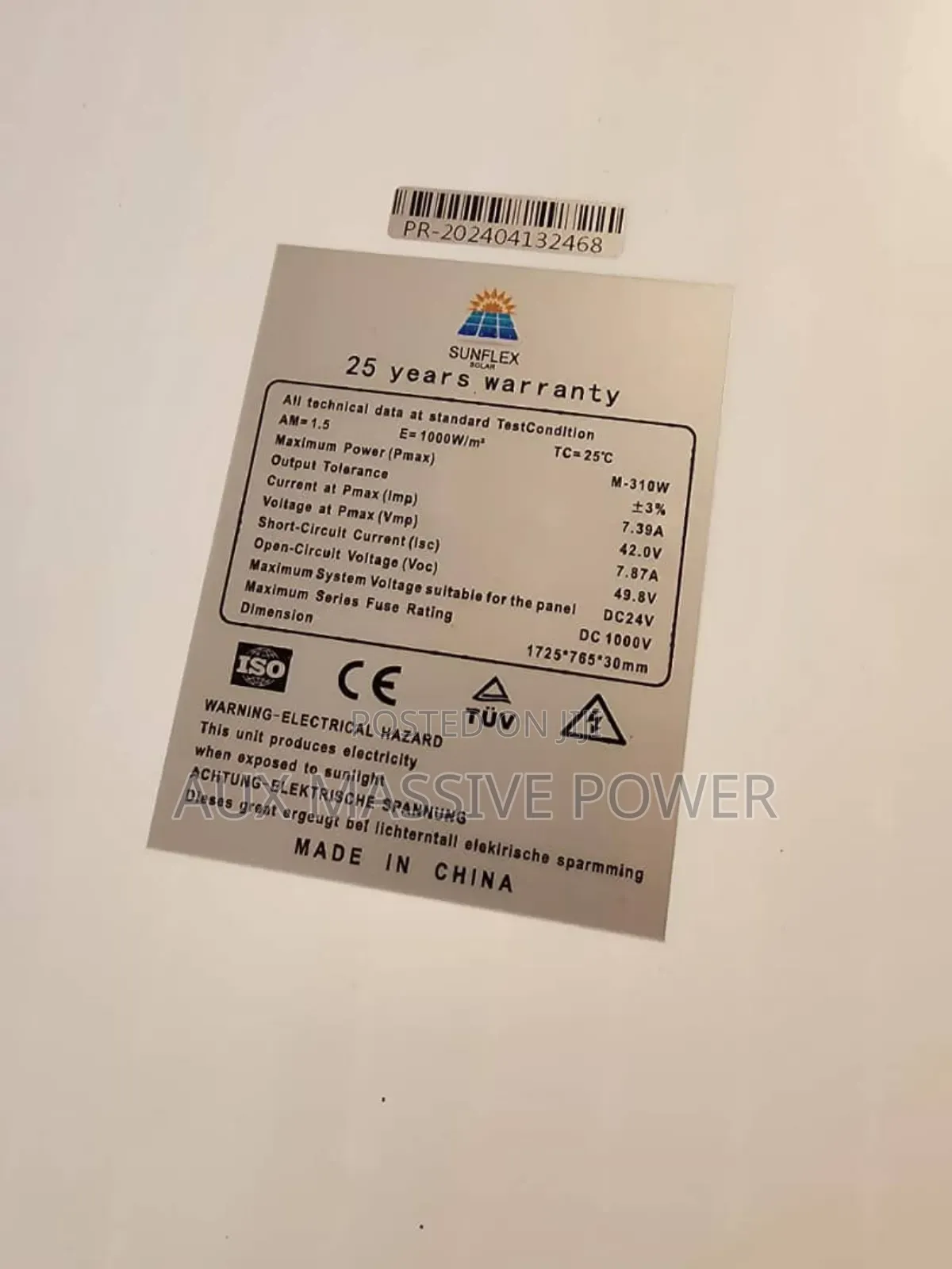 310w Mono Sunflex Solar Panel