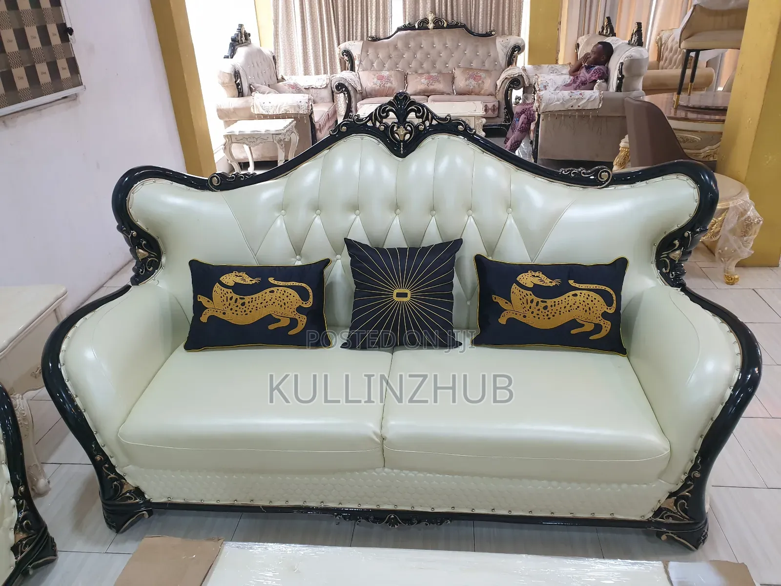 Egyptian White Leather Royal Sofa Set, Table, 2 Side Stool