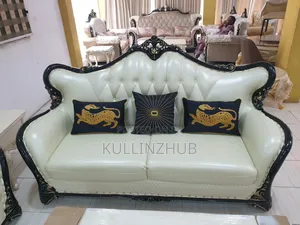 Egyptian White Leather Royal Sofa Set, Table, 2 Side Stool