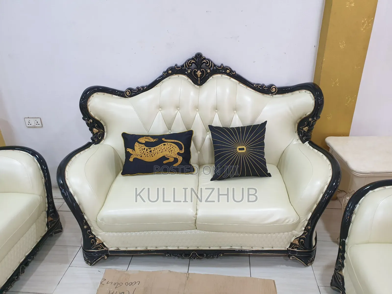 Egyptian White Leather Royal Sofa Set, Table, 2 Side Stool