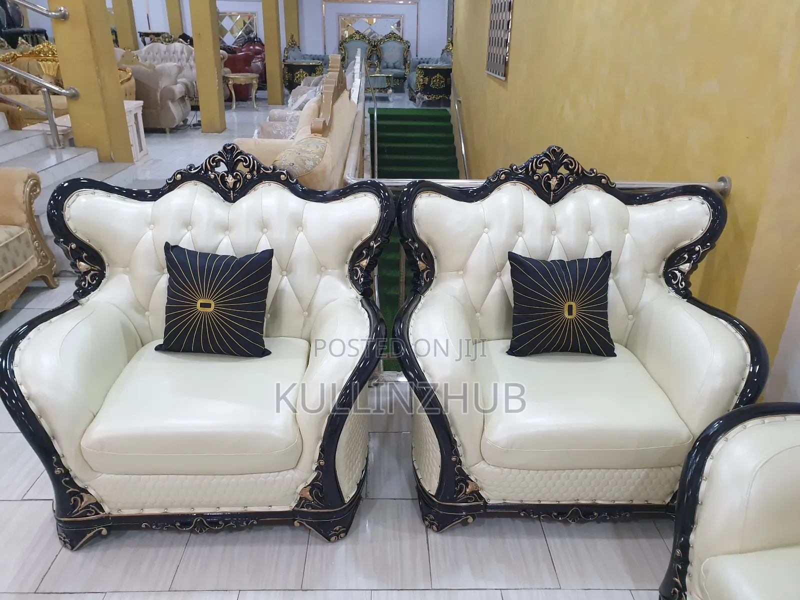 Egyptian White Leather Royal Sofa Set, Table, 2 Side Stool