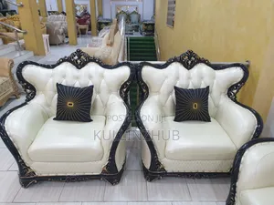 Egyptian White Leather Royal Sofa Set, Table, 2 Side Stool